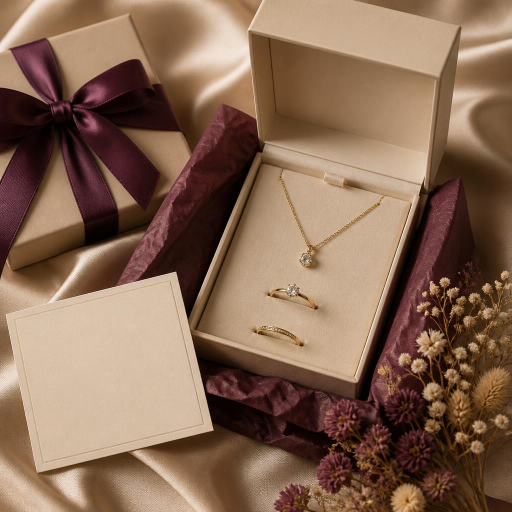 Elegant gift box with jewelry and a thank you card on champagne silk