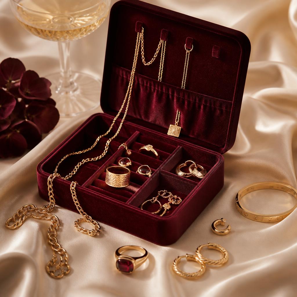 Curated jewelry arranged in a burgundy velvet box on champagne silk