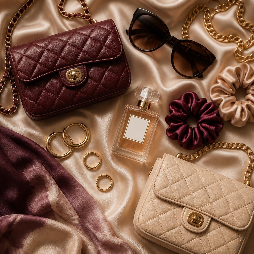 Handbags, sunglasses, scrunchies, and jewelry arranged on champagne silk